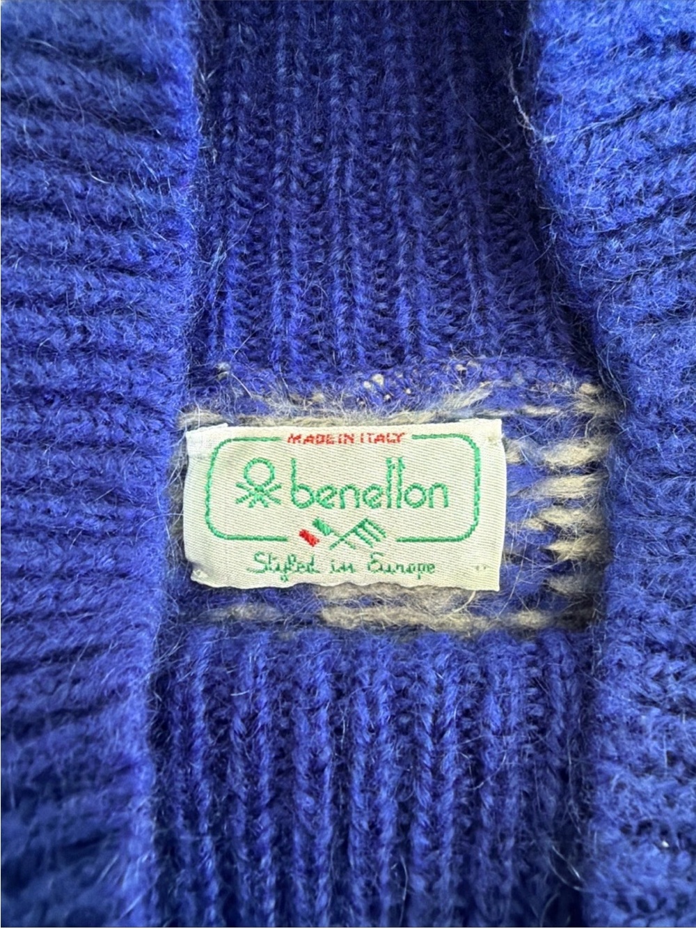 Benetton Blue & Gray Mohair Blend Mockneck Boxy Pullover Sweater Italy Size LG - Picture 5 of 12